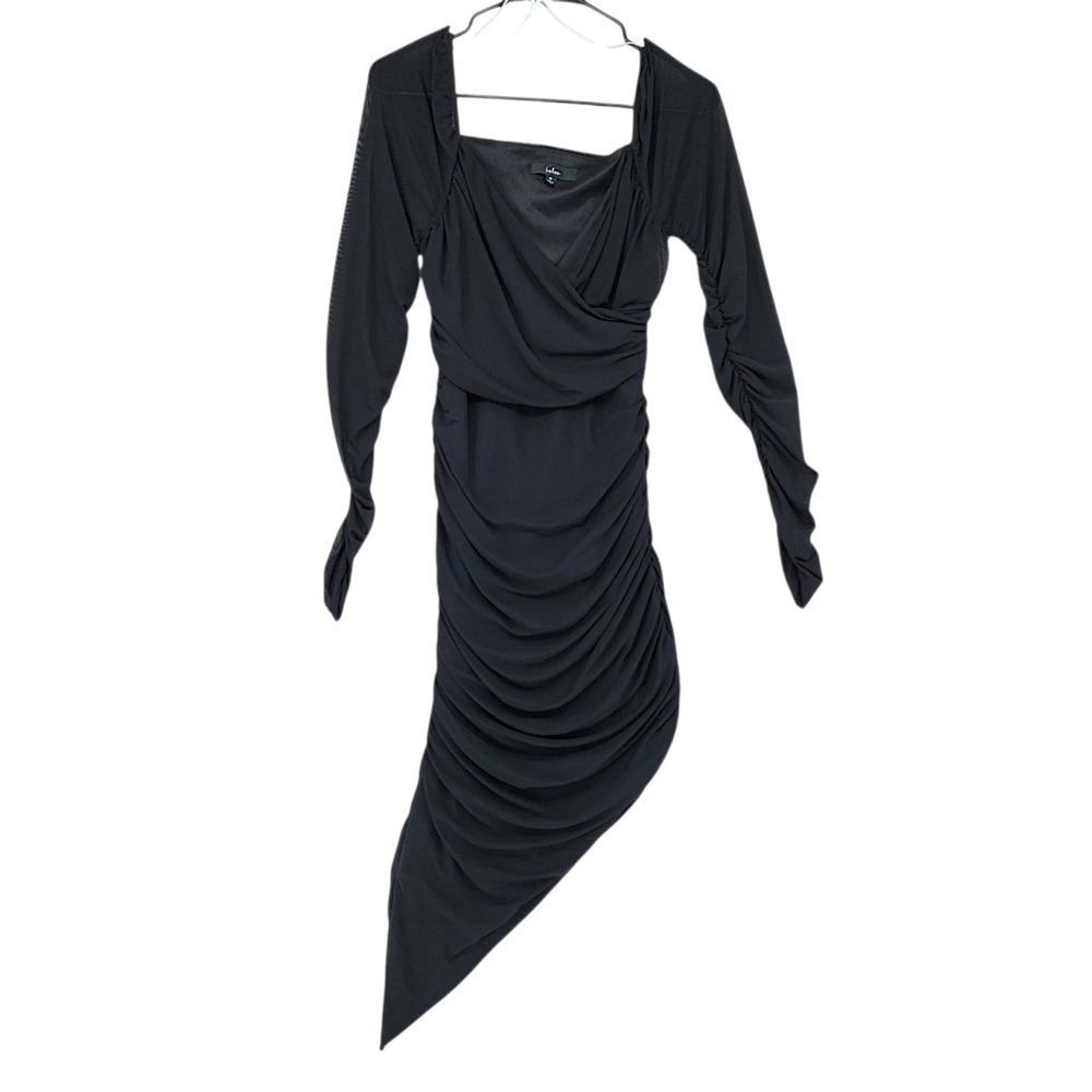 Lulus Ruched Midi Dress M‎ Wom Black Asymmetrical Bodycon Long Sleeve Gothic LBD